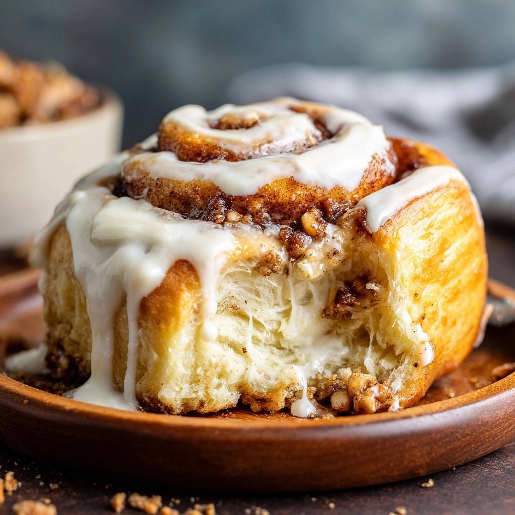 Zimtschnecken wie aus dem Traum, angeschnitten mit reichlich Zuckerguss und Nüssen, die das weiche Innere offenbaren.