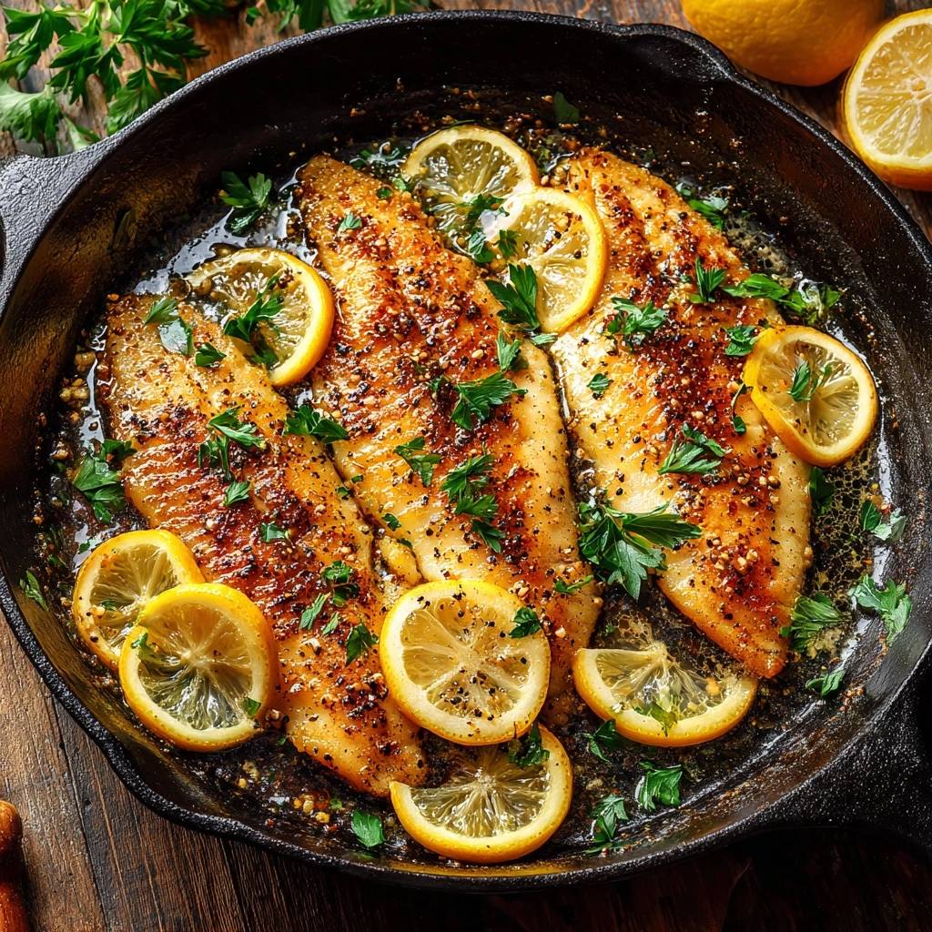 Zitronen Butter Fisch Detail Garniert 1 Zitronen-Butter-Fisch aus der Pfanne, saftig und mit Zitrone und Petersilie garniert in einer Gusseisenpfanne.