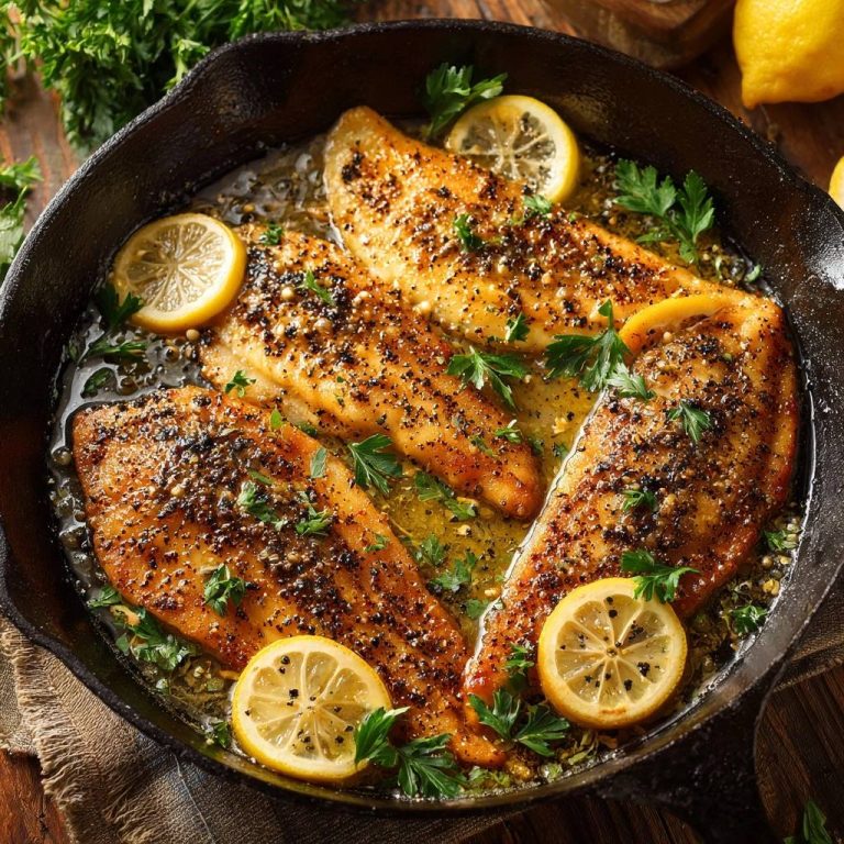 Zitronen-Butter-Fisch aus der Pfanne, garniert mit frischer Petersilie und Zitronenscheiben in einer Gusseisenpfanne.