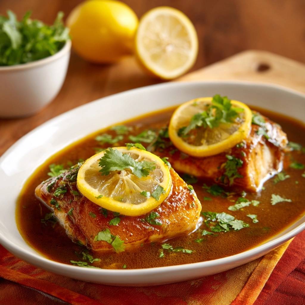 Zitronen-glasiertes Fischfilet mit Koriander, serviert mit Zitronenscheiben und einer braunen Sauce, Nahaufnahme