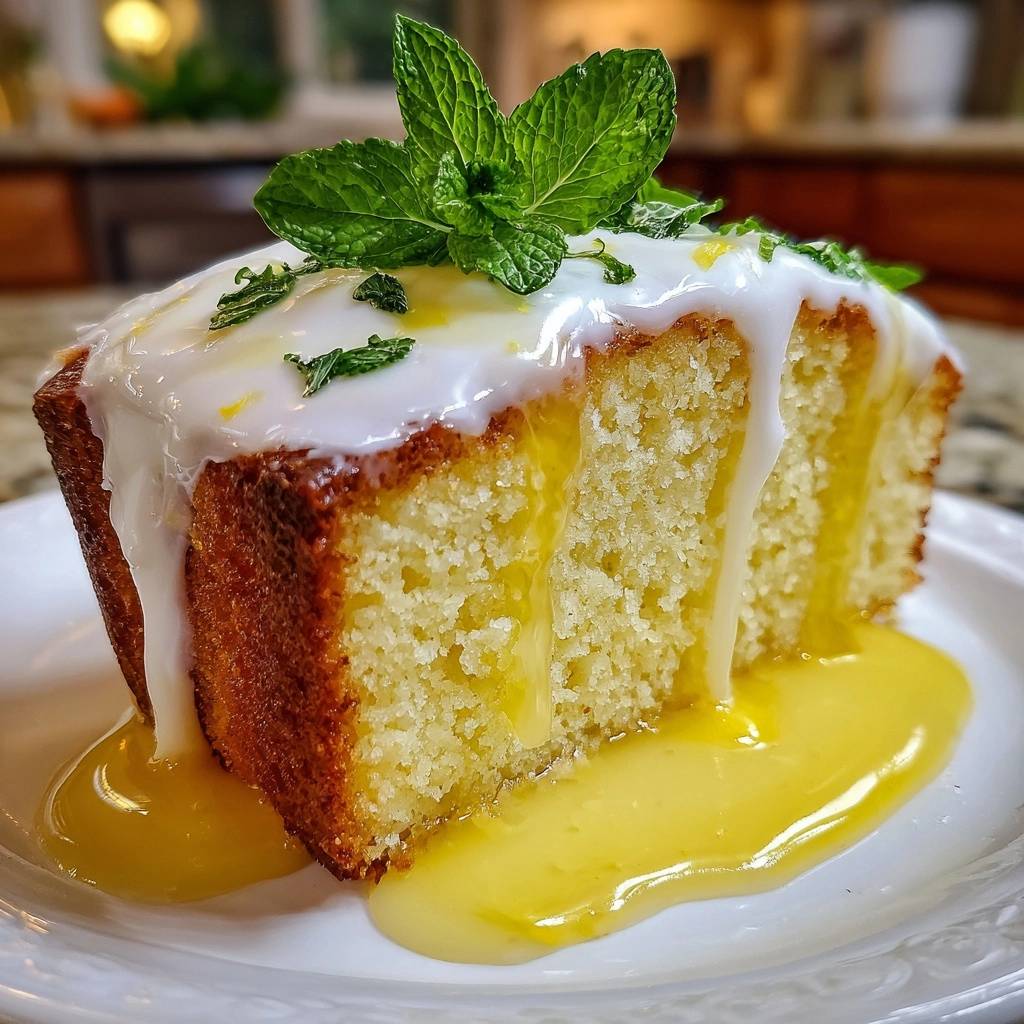 Saftiger Zitronen-Gugelhupf mit Lemon Curd und Sirup-Guss, angeschnitten auf einem Teller mit frischen Minzblättern garniert.