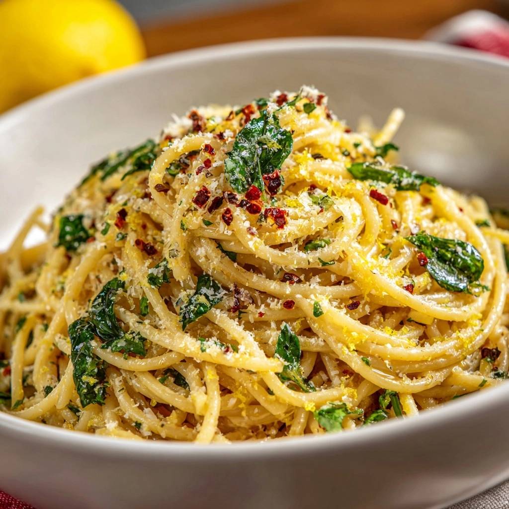Zitronen Knoblauch Spaghetti Detail Garnitur 1 Zitronen-Knoblauch-Spaghetti mit Spinat, serviert mit geriebenem Parmesan, Chili-Flocken und Zitronenzeste als Garnitur in einer weißen Schüssel.