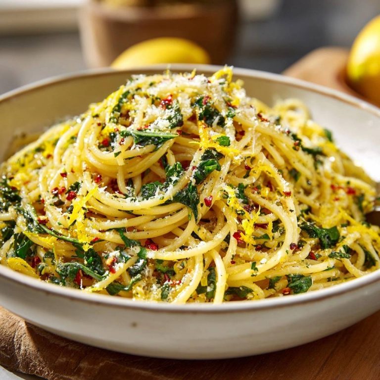 Zitronen-Knoblauch-Spaghetti mit Spinat, eine Nahaufnahme des mit Zitronenschale und Parmesan garnierten Pastatellers.