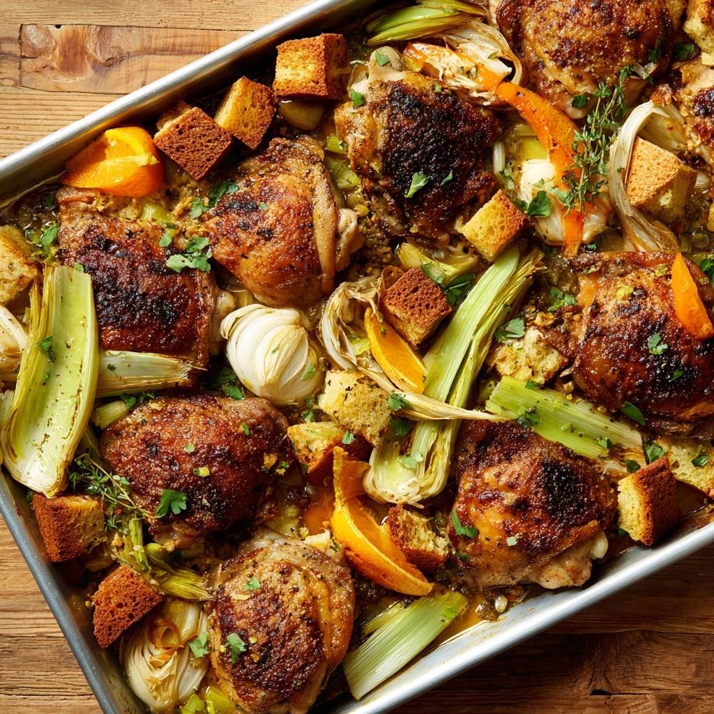 Zitrus Hahnchen Vom Blech Nahaufnahme 1 Zitrus-Hähnchen vom Blech mit Röstgemüse, eine Nahaufnahme der knusprigen Hähnchenschenkel mit Orangenstücken, Fenchel und Croutons.