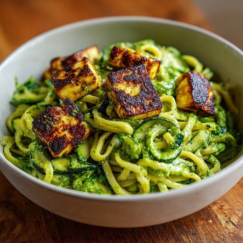 Zucchini Nudeln Gegrilltem Halloumi Detail 1 Zucchini-Nudeln mit Pesto und gegrilltem Halloumi, detailreiche Nahaufnahme von gebratenem Halloumi auf Zucchini-Spaghetti mit Pesto.