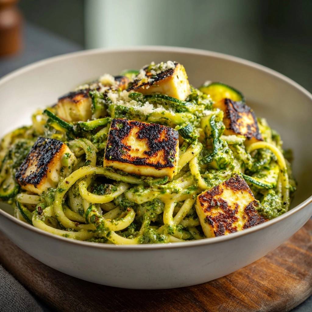 Zucchini-Nudeln mit Pesto und gegrilltem Halloumi, eine Nahaufnahme mit Fokus auf die Textur der Zucchini-Nudeln und des Käses.