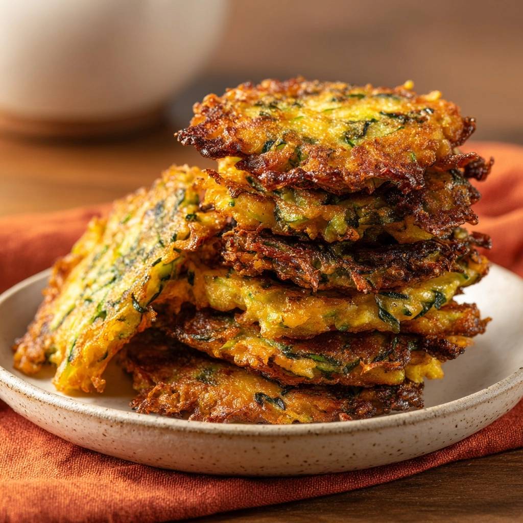Zucchini Puffer Stapel Nahaufnahme 1 2 Knusprige Zucchini-Puffer, gestapelt auf einem Teller, mit Nahaufnahme der Textur und der frittierten Ränder.