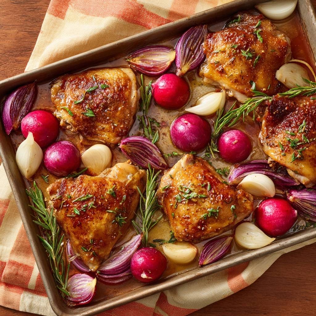 Ofengeröstete Hähnchenschenkel mit Schalotten und Radieschen