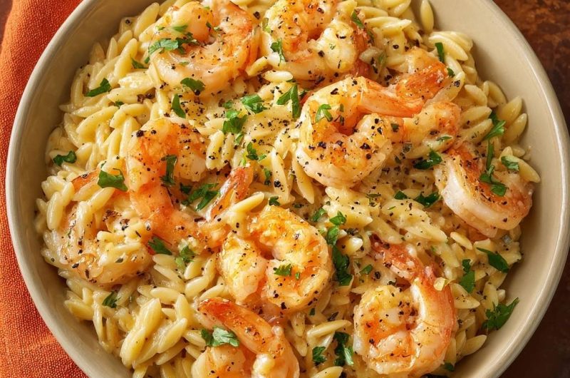 Cremige Knoblauch-Garnelen mit Orzo