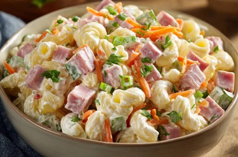 Cremiger Nudelsalat mit Schinken und Karotten