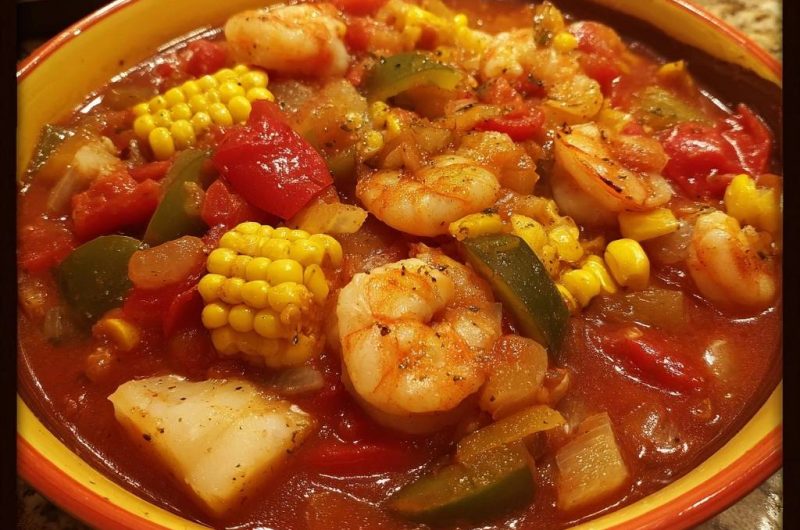 Mediterraner Garnelentopf mit Mais und Kartoffeln