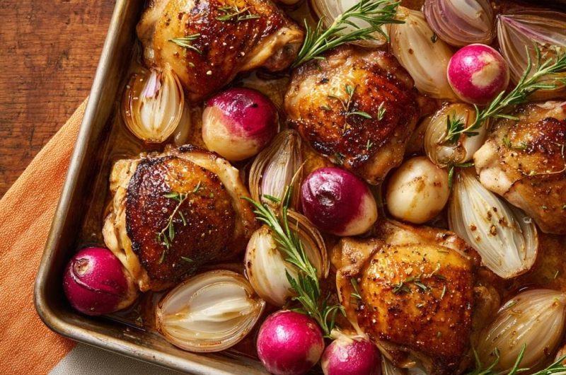 Ofengeröstete Hähnchenschenkel mit Schalotten und Radieschen