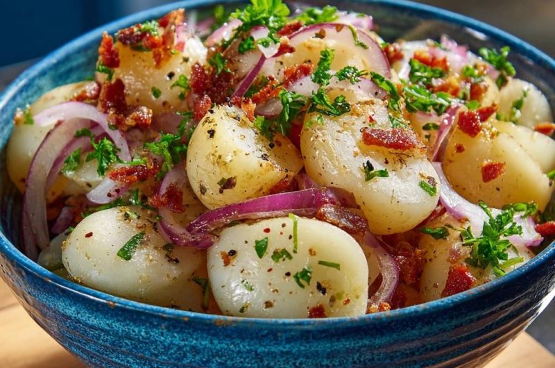 Warmer Kartoffelsalat mit Speck und roten Zwiebeln