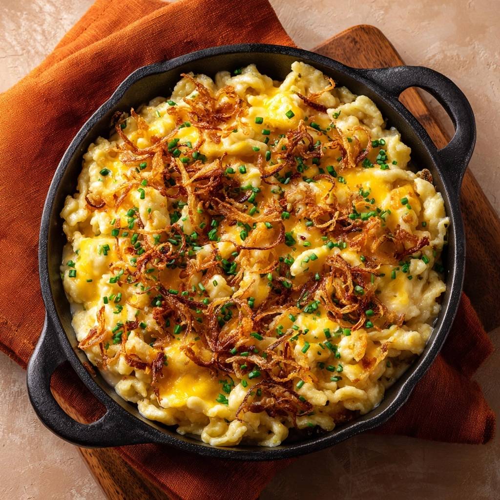 Klassische Allgäuer Käsespätzle, das Original, mit knusprigen Röstzwiebeln und frischem Schnittlauch garniert in einer gusseisernen Pfanne serviert.