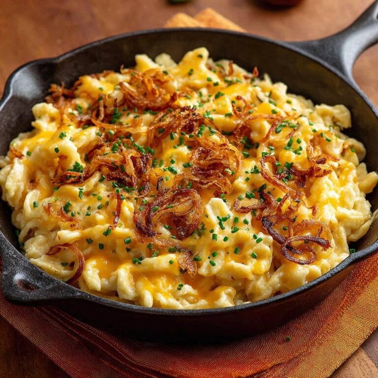 Klassische Allgäuer Käsespätzle mit geschmolzenem Käse und knusprigen Röstzwiebeln, in einer Gusseisenpfanne garniert.