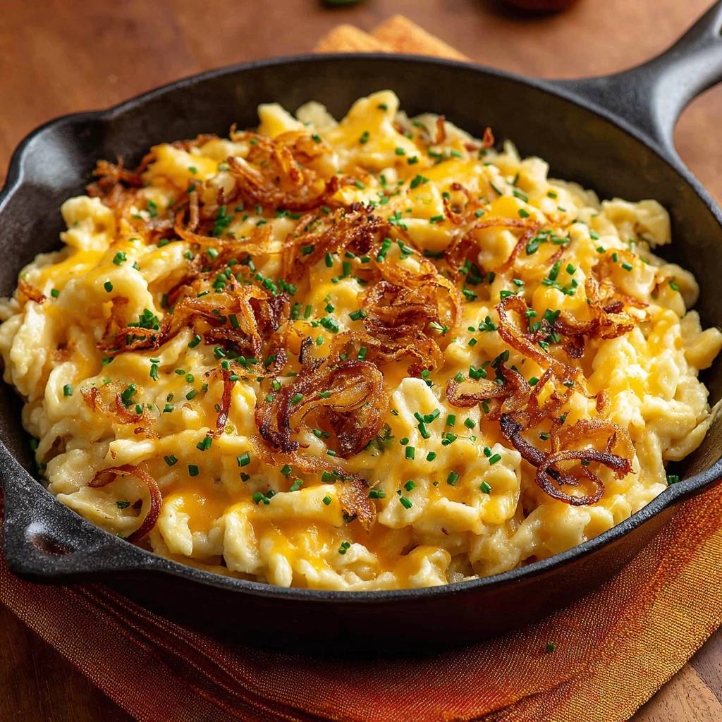 Klassische Allgäuer Käsespätzle mit geschmolzenem Käse und knusprigen Röstzwiebeln, in einer Gusseisenpfanne garniert.