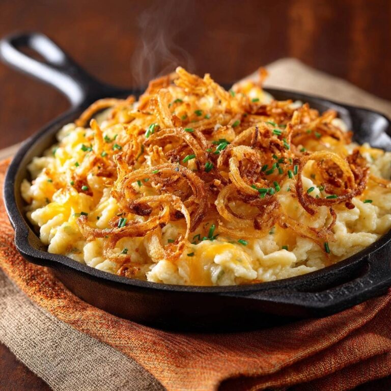 Klassische Allgäuer Käsespätzle mit Röstzwiebeln und Käse, serviert in einer gusseisernen Pfanne mit Dampf.