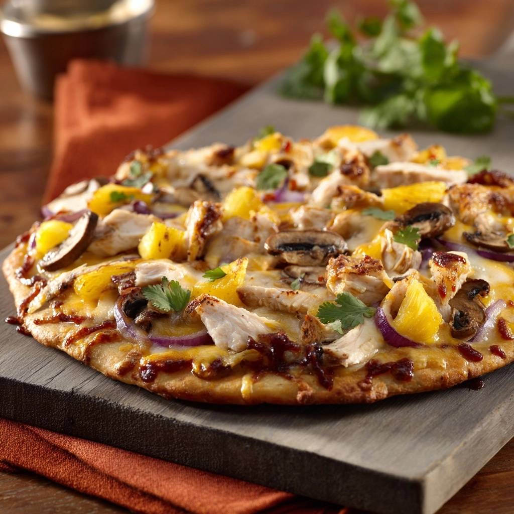 BBQ Chicken Flatbread mit Pilzen, nah aufgenommen auf einem Holzbrett mit frischem Koriander garniert.