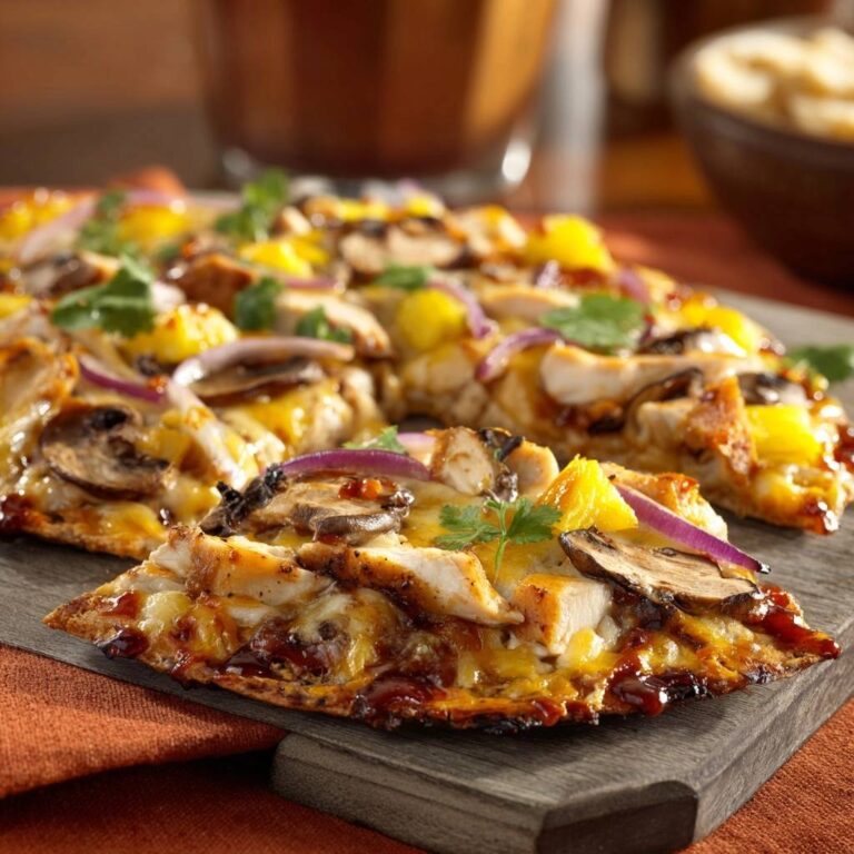 BBQ Chicken Flatbread mit Pilzen, nahaufnahme der belegten knusprigen Boden mit Hähnchen, Pilzen und roten Zwiebeln.