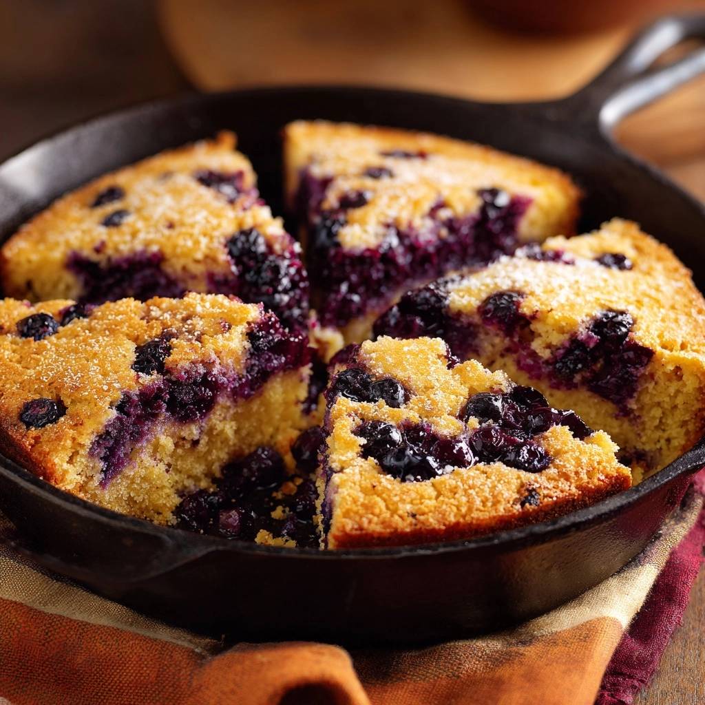 Blaubeer Pfannenkuchen Angeschnitten In Pfanne 1 Saftiger Blaubeer-Pfannenkuchen angeschnitten in der Pfanne, mit Blaubeeren und goldbraunem Teig.