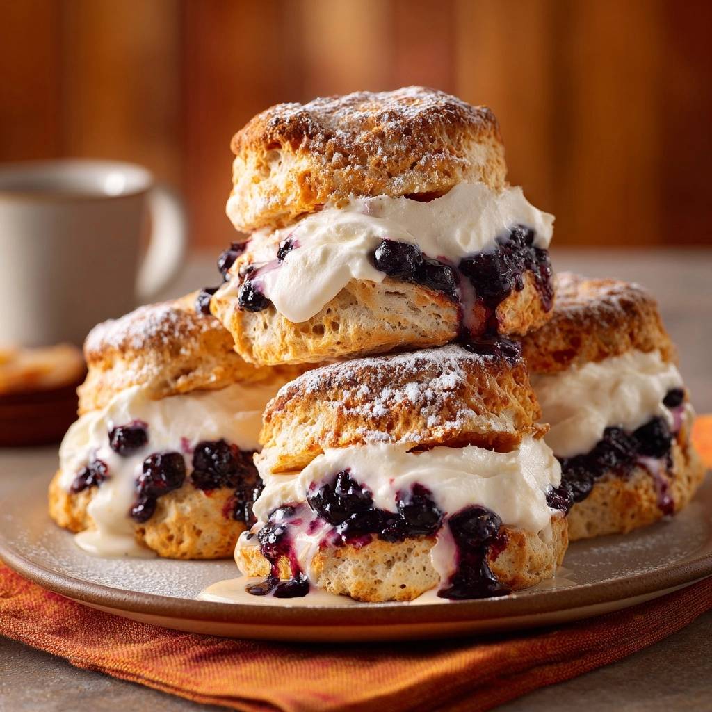 Blaubeer Scones Mit Sahnefuellung Gestapelt 1 Blaubeer-Scones mit Sahnefüllung, gestapelt auf einem Teller mit Blaubeersauce und Puderzucker bestäubt.