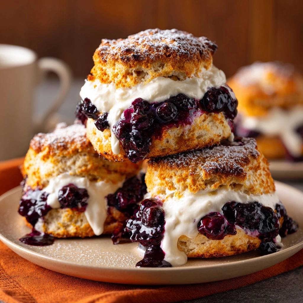 Blaubeer-Scones mit Sahnefüllung, gestapelt auf einem Teller mit Puderzucker und Blaubeersauce.