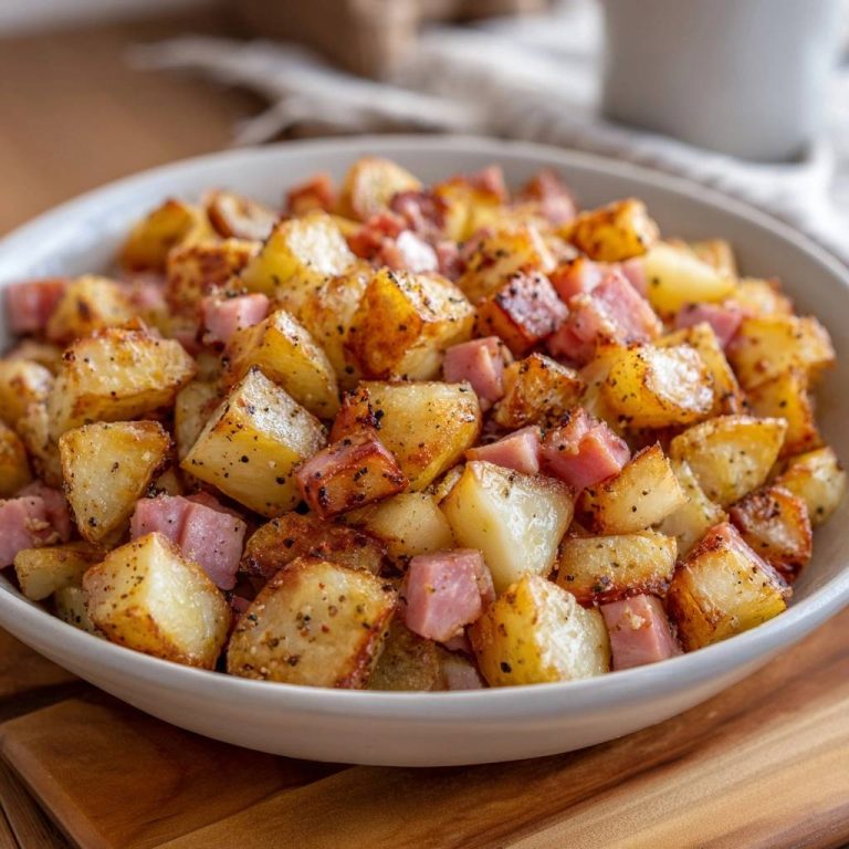 Herzhafte Bratkartoffel-Pfanne mit Schinken, serviert in einer Schüssel, mit Nahaufnahme der knusprigen Kartoffelstücke und Schinkenwürfel.