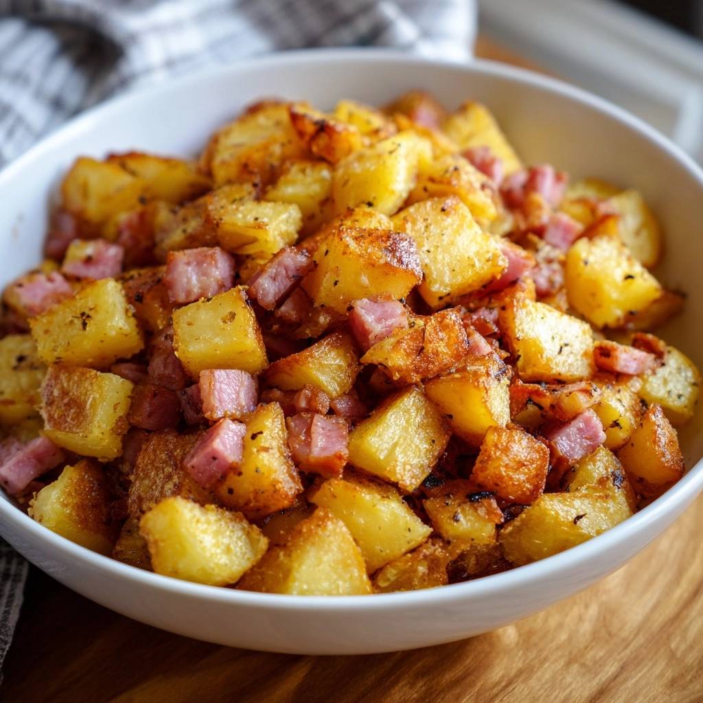 Herzhafte Bratkartoffel-Pfanne mit Schinken, eine Nahaufnahme in einer weißen Schüssel, die knusprige Kartoffelstücke und Schinkenwürfel zeigt.
