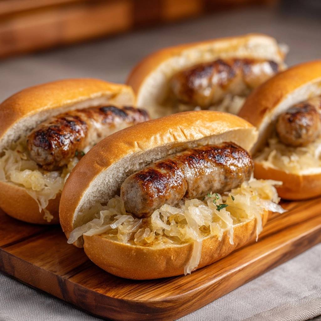 Herzhafte Bratwurst-Semmeln mit Sauerkraut, die Nahaufnahme zeigt die saftige Wurst und das würzige Kraut im Brötchen.