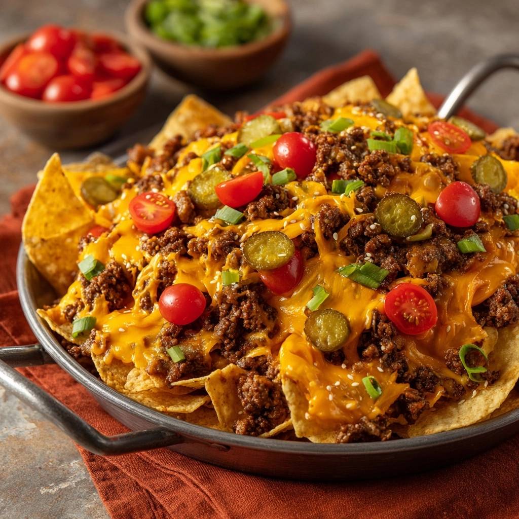 Cheeseburger Nachos Detail Topping 1 Ultimative Cheeseburger Nachos mit Hackfleisch, Käse, Tomaten und Gurken im Detail garniert