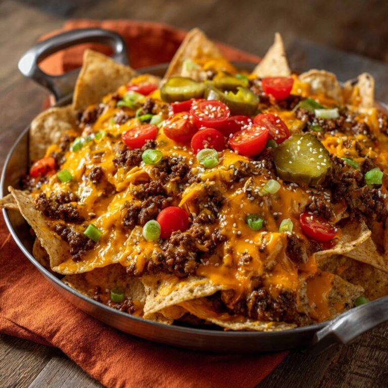 Ultimative Cheeseburger Nachos mit Hackfleisch, geschmolzenem Käse, Tomaten und Jalapeños, garniert mit Frühlingszwiebeln und Sesam.