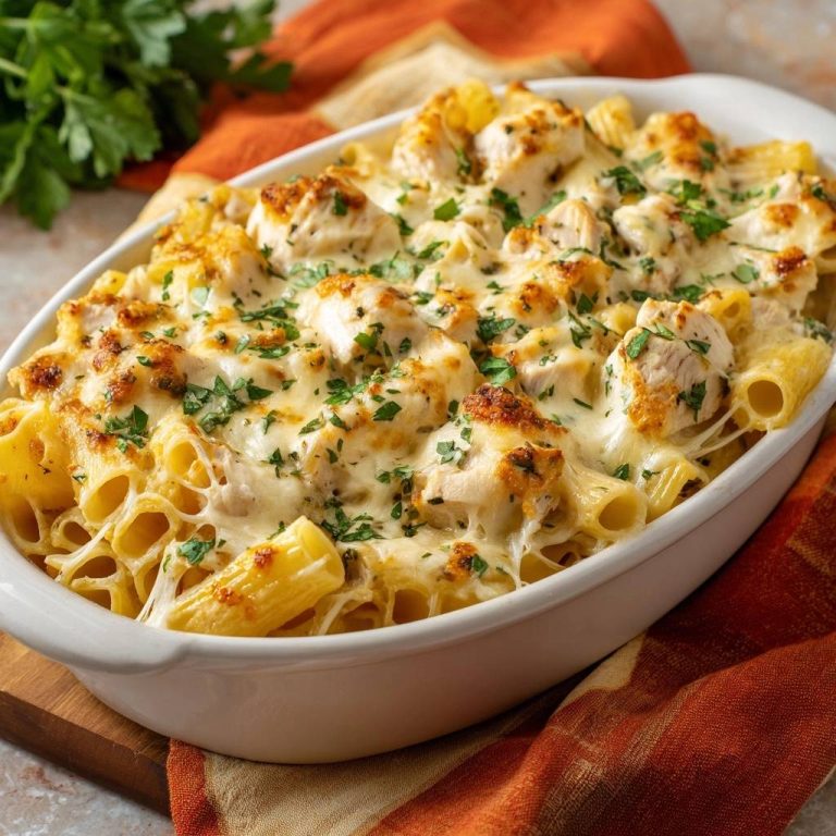Cremiger Hähnchen-Pasta-Auflauf mit geschmolzenem Käse und Petersilie, nah aufgenommen.