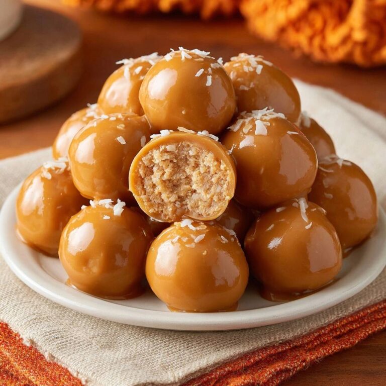 Cremige Karamell-Kokos-Bällchen, angeschnitten, mit sichtbarer Kokosfüllung und Karamellglasur, bestreut mit Kokosraspeln.