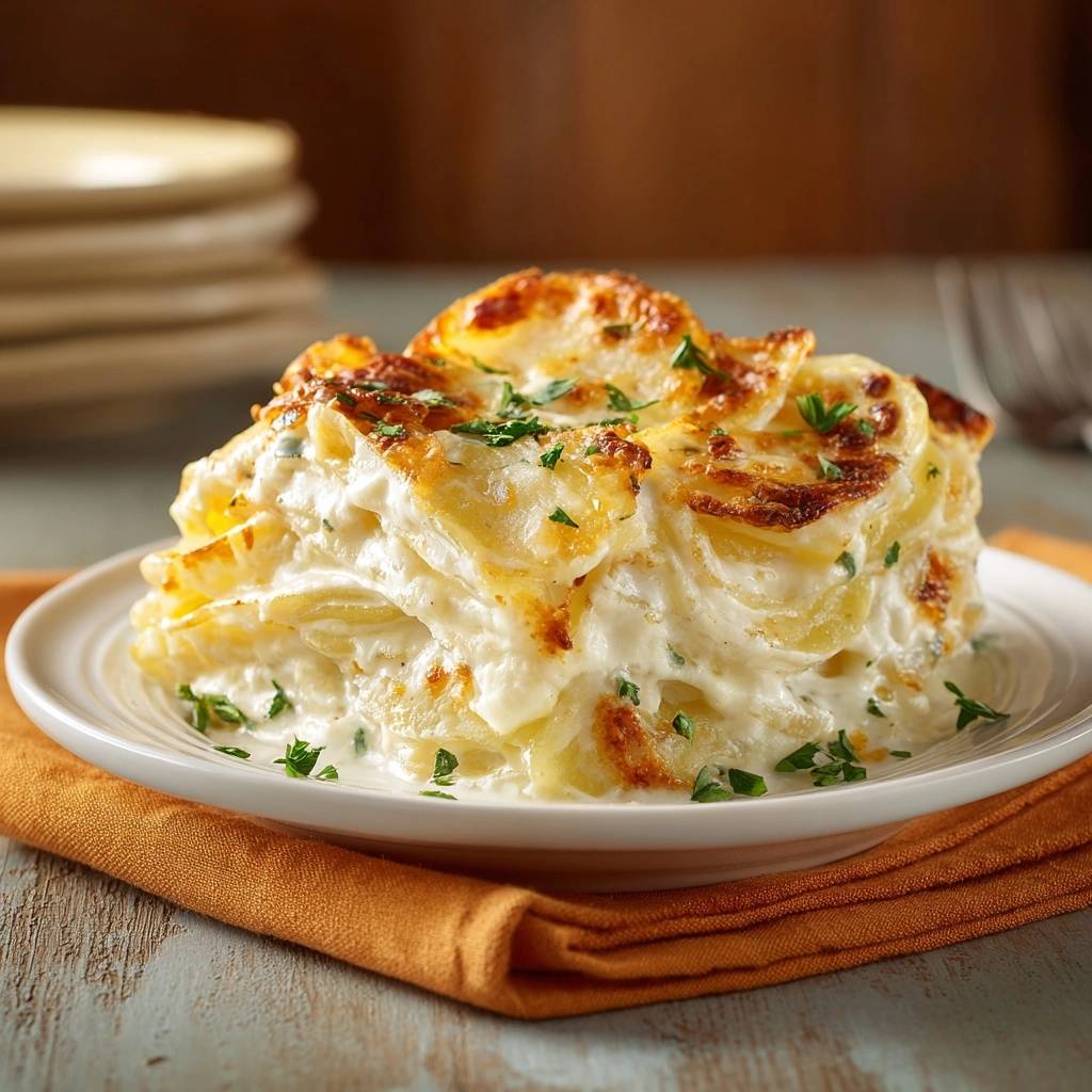 Cremig Kartoffelgratin Angeschnitten 1 Cremiges Kartoffelgratin als angeschnittene Portion auf einem Teller mit frischer Petersilie garniert