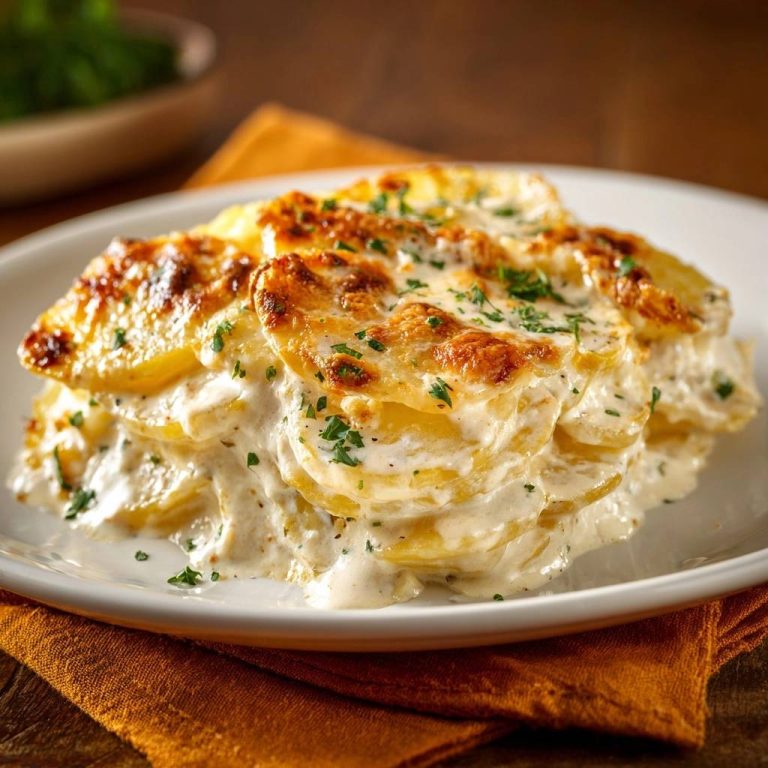Cremiges Kartoffelgratin mit goldbrauner Kruste und frischer Petersilie, auf einem Teller serviert.