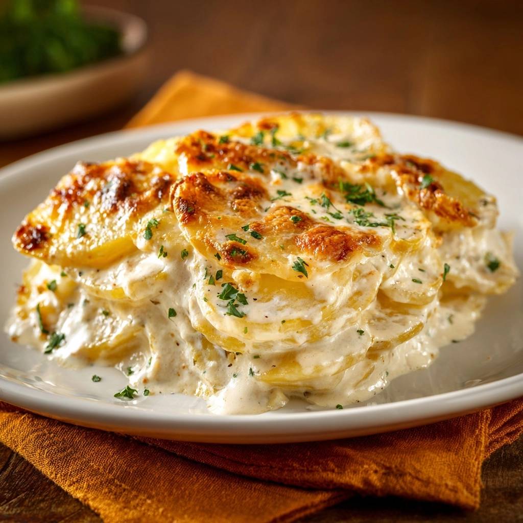 Cremiges Kartoffelgratin mit goldbrauner Kruste und frischer Petersilie, auf einem Teller serviert.