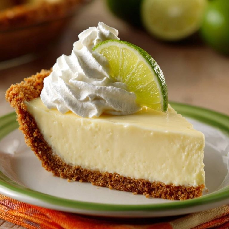 Cremiger Key Lime Pie als angeschnittene Portion mit Sahne und Limettenscheibe garniert