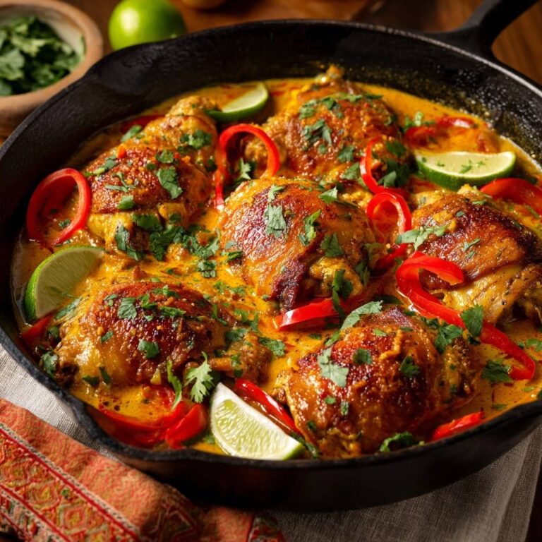 Cremiges Kokos-Curry-Hähnchen mit knuspriger Haut, detailreich garniert mit frischen Kräutern und Limettenspalten.