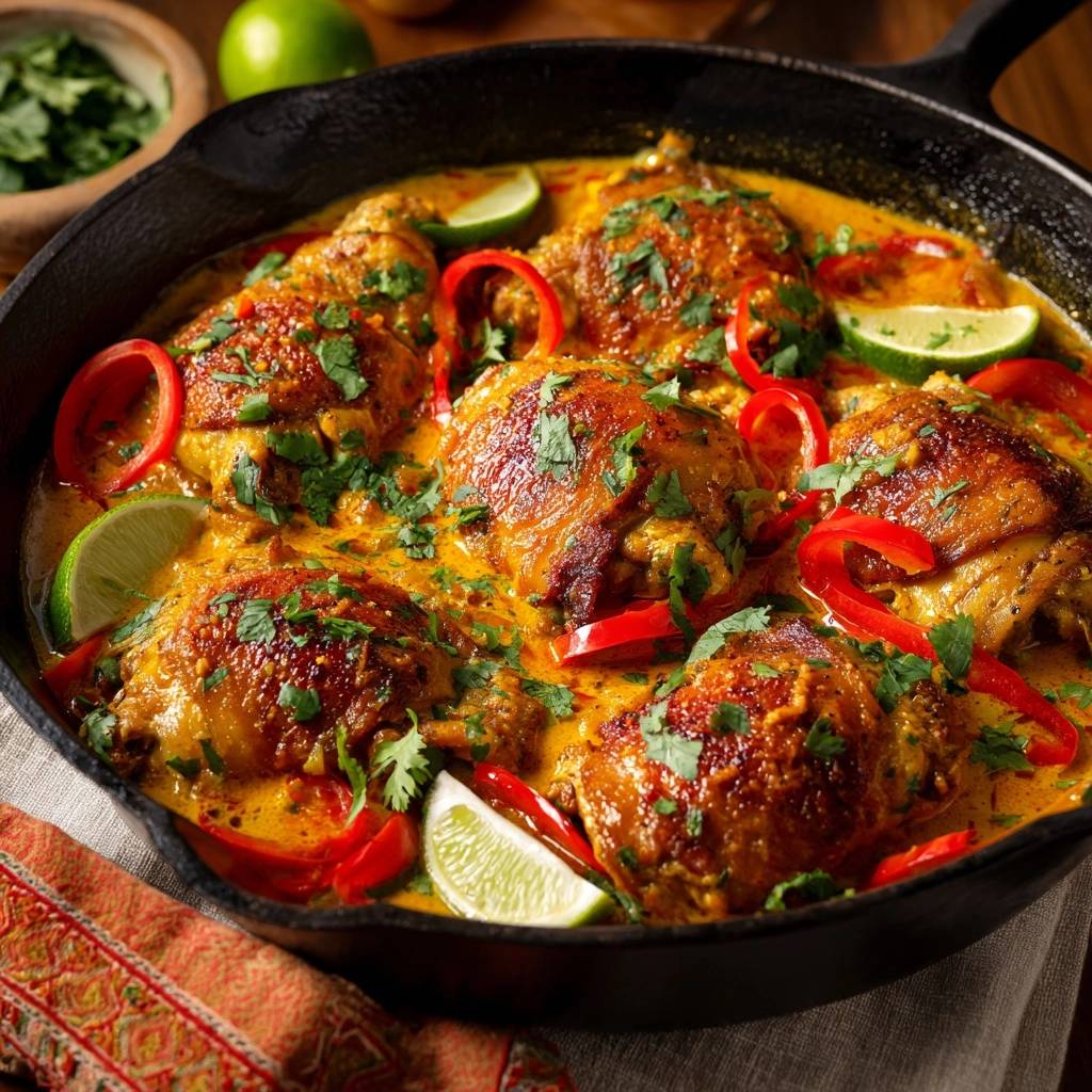 Cremiges Kokos-Curry-Hähnchen mit knuspriger Haut, detailreich garniert mit frischen Kräutern und Limettenspalten.