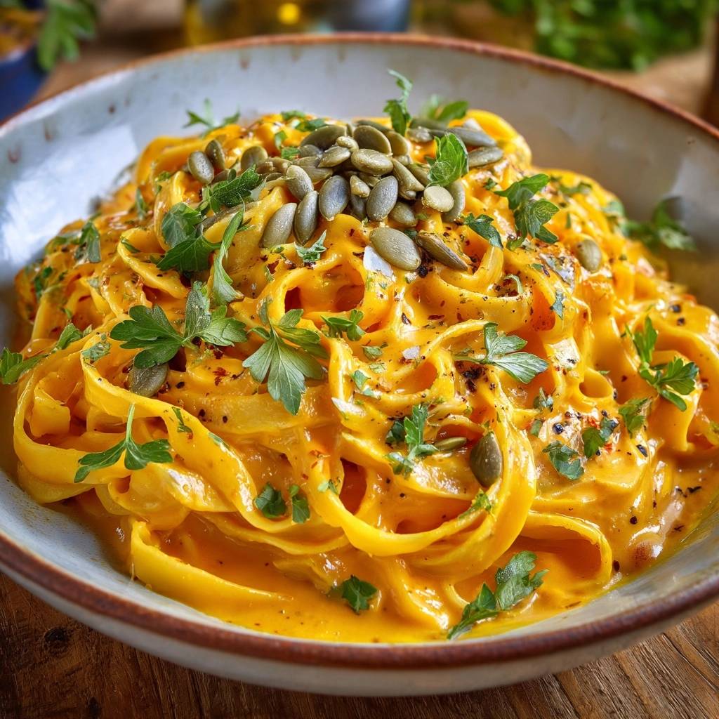 Cremige Kürbis-Tagliatelle garniert mit Kürbiskernen und Petersilie, Nahaufnahme von oben