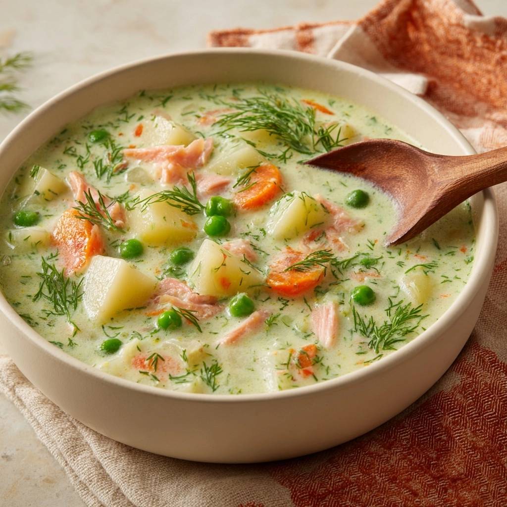Cremige Lachs-Kartoffel-Suppe mit Dill und Holzloeffel in einer Schale, Nahaufnahme