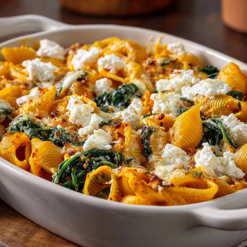 Cremiger Muschelnudel-Auflauf mit Spinat und Ricotta, nahaufnahme des gebackenen Gerichts mit geschmolzenem Käse und Kräutern.