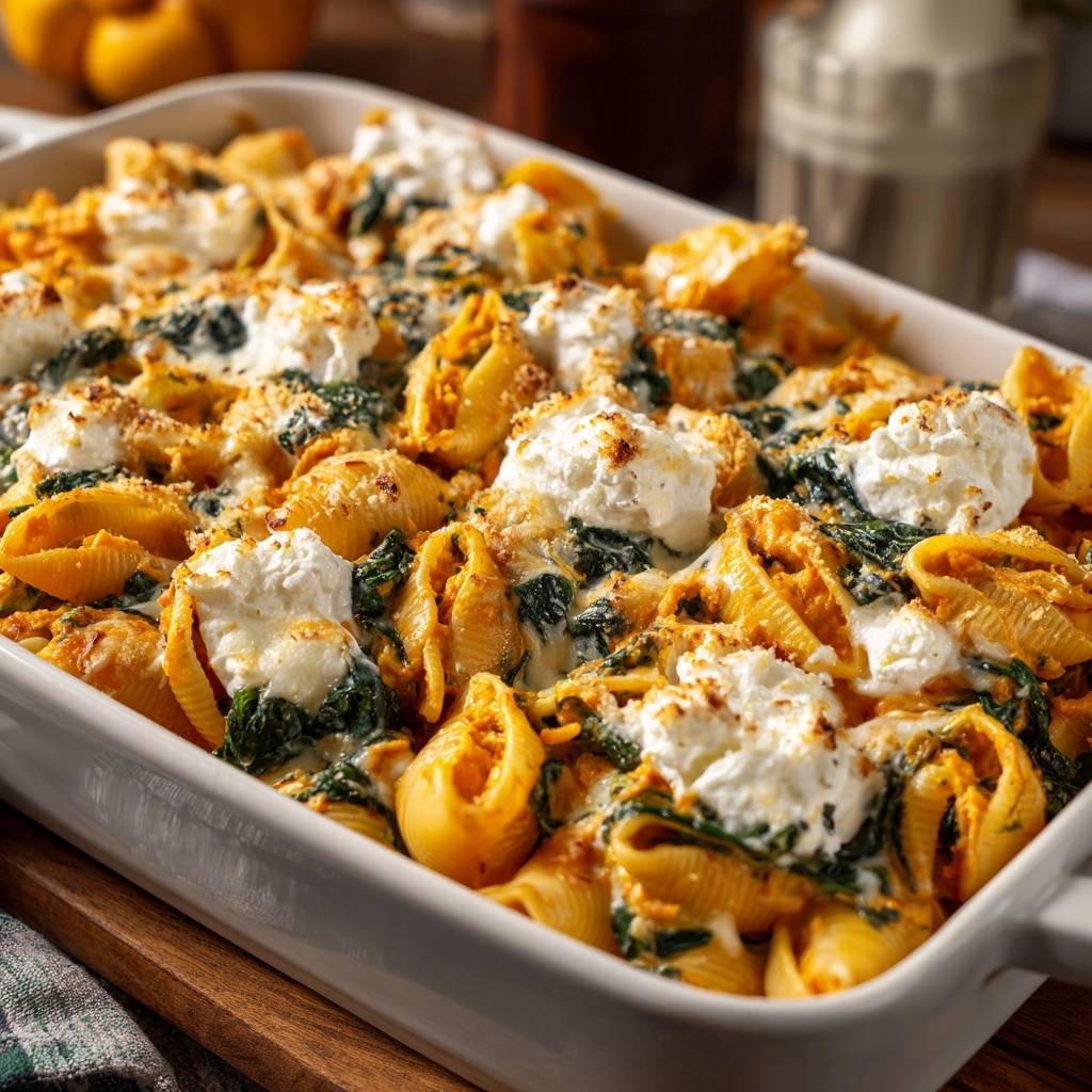 Cremiger Muschelnudel-Auflauf mit Spinat und Ricotta, eine Nahaufnahme der gefüllten Nudeln mit cremiger Käsesauce und Spinat.