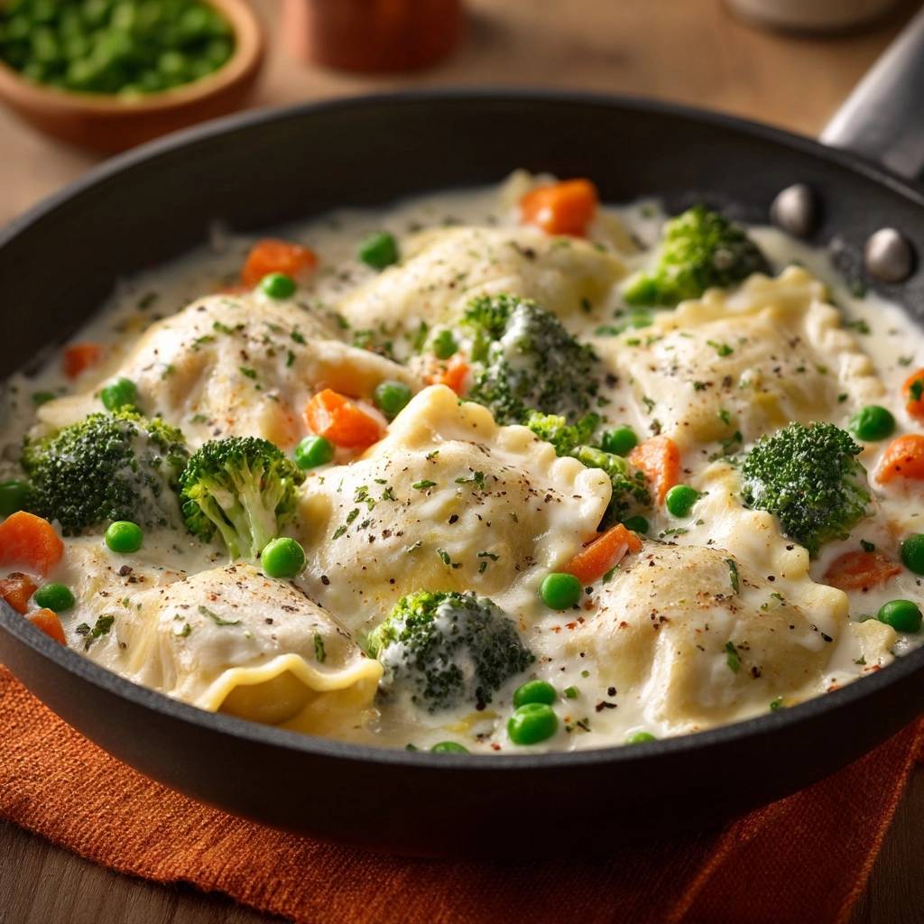 Cremige Ravioli-Gemüse-Pfanne als Nahaufnahme mit viel Sauce und frischem Gemüse in einer Pfanne