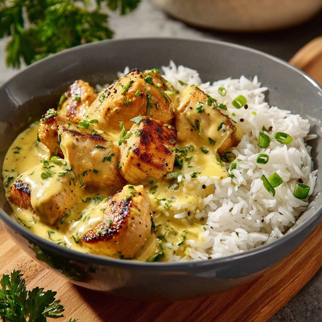 Cremiges Zitronen-Curry-Hähnchen mit Reis, nahaufnahme der cremigen Sauce und frischen Kräutern