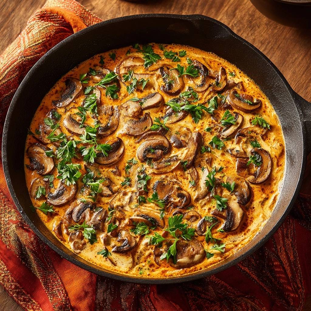 Cremige Champignon Pfanne Detail Garnitur 1 Cremige Champignon-Pfanne, detailnah mit frischer Petersilie garniert in einer Gusseisenpfanne aus der Draufsicht.