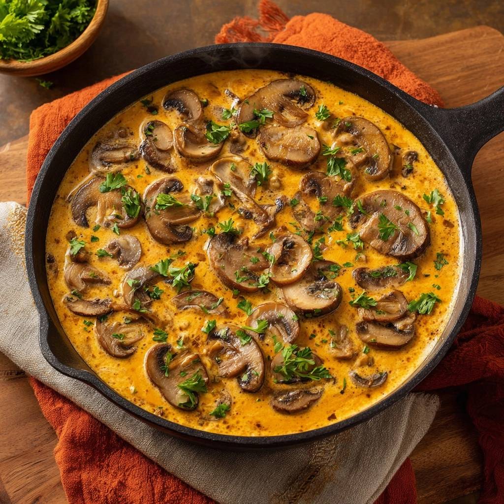 Cremige Champignon-Pfanne als Nahaufnahme mit frischer Petersilie garniert in einer gusseisernen Pfanne serviert.