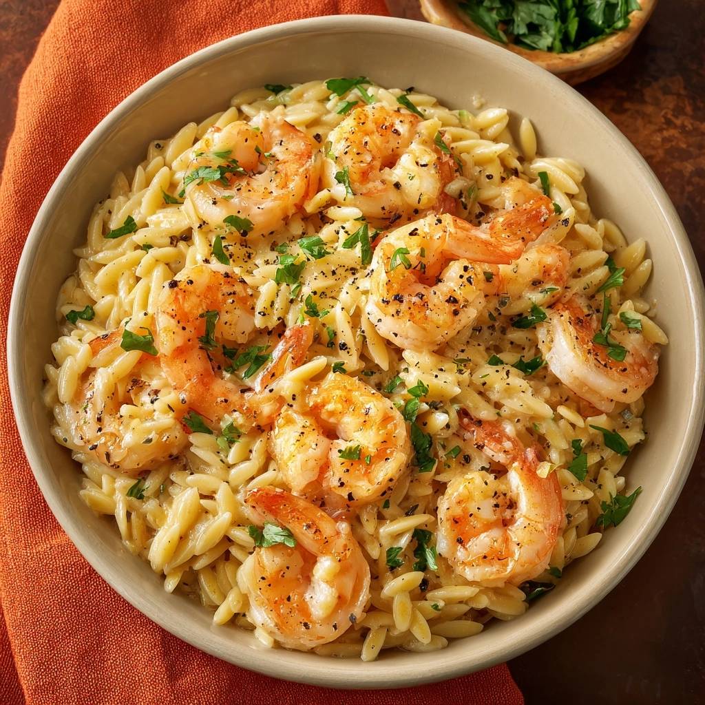Cremige Knoblauch-Garnelen mit Orzo, nahaufnahme der Garnelen und Pasta mit Petersilie bestreut.
