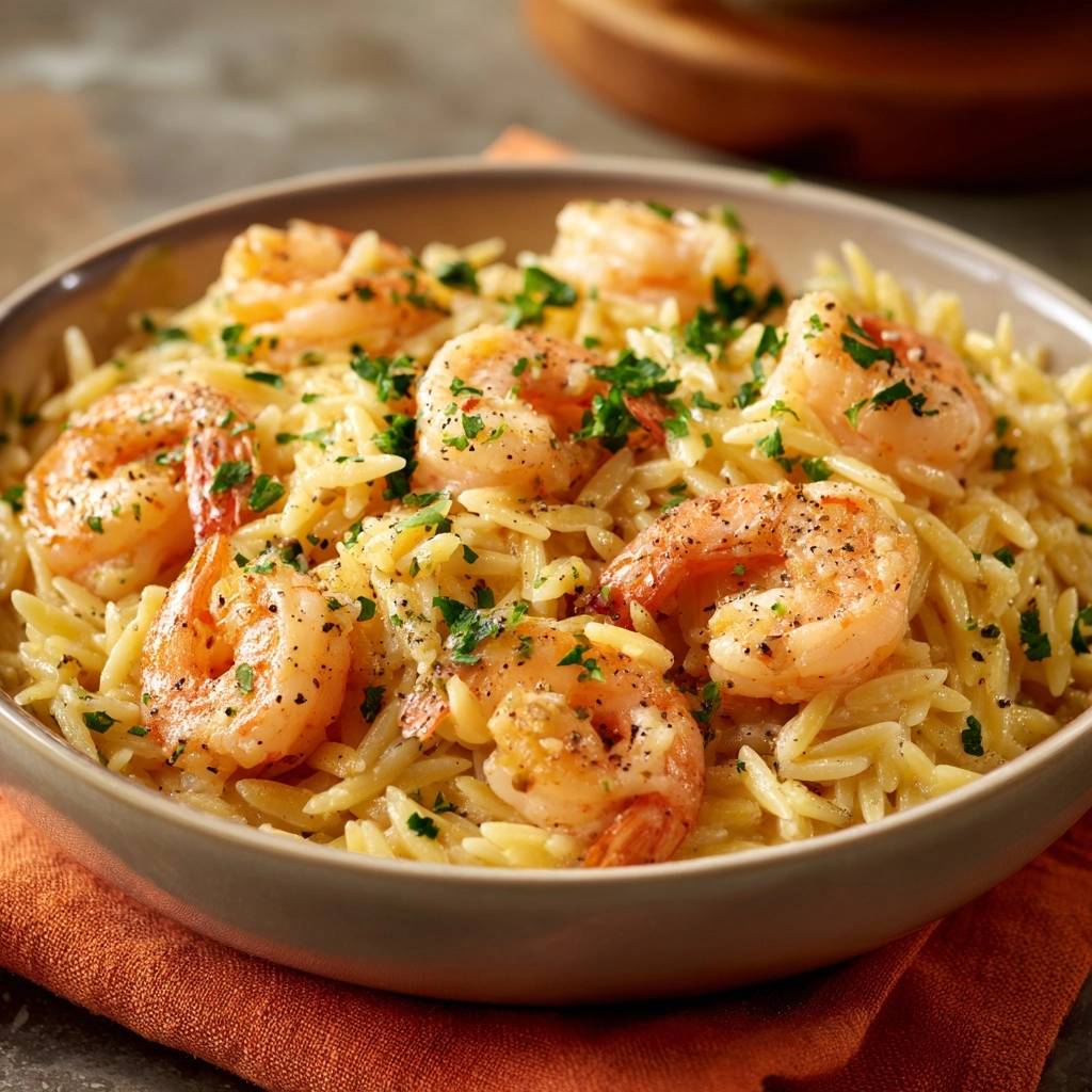Cremige Knoblauch Garnelen Orzo Detail 1 Cremige Knoblauch-Garnelen mit Orzo, Nahaufnahme mit Garnitur und Gewürzen, die die Textur hervorheben.