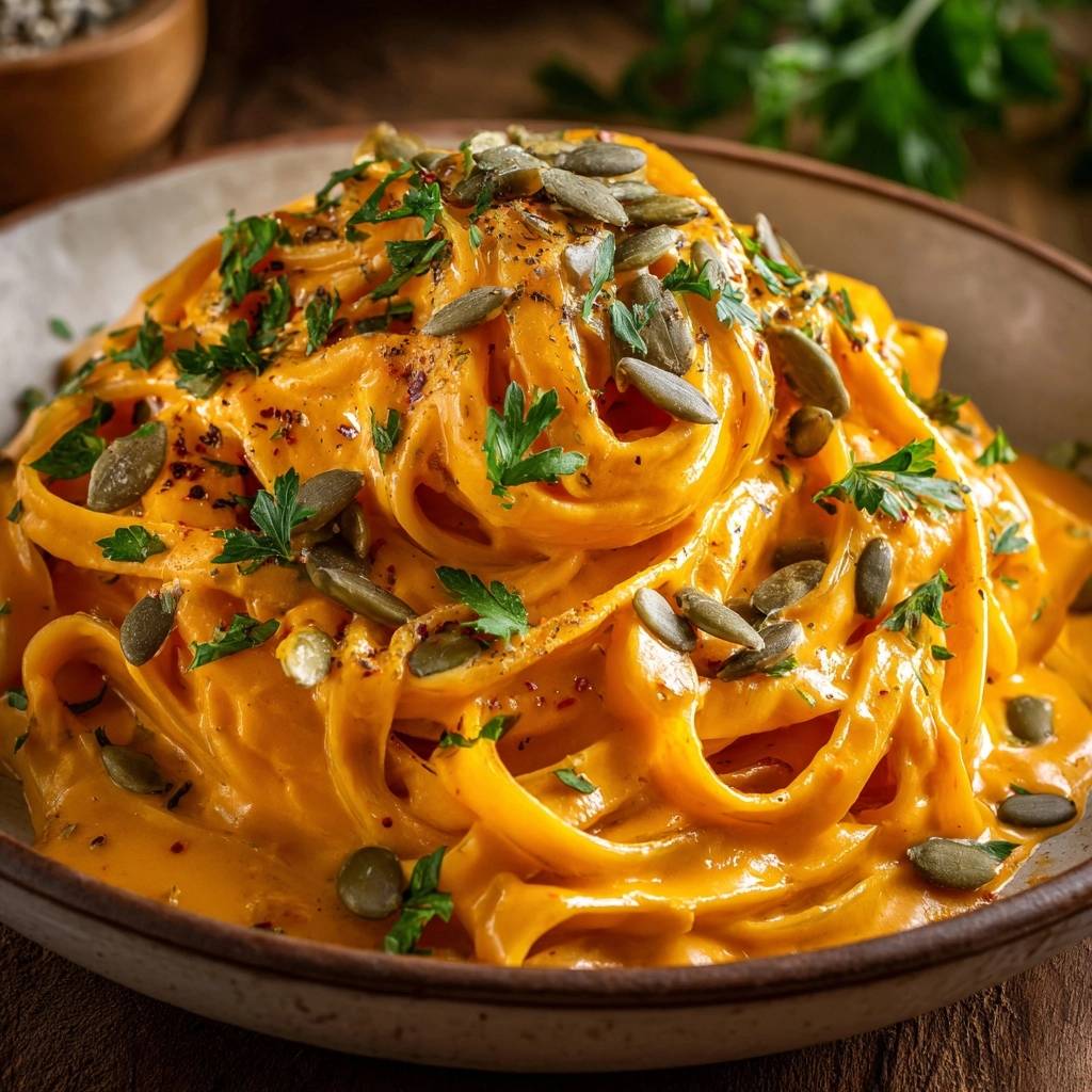 Cremige Kürbis-Tagliatelle mit Kürbiskernen und Petersilie garniert, Nahaufnahme der Textur